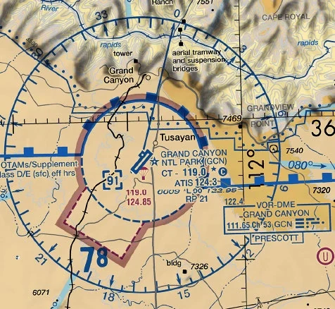 FAA sample question image: sectional chart excerpt around Grand Canyon National Park airport showing the airport data block with tower and CTAF frequencies