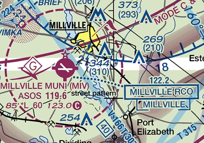 FAA sample question image: sectional chart excerpt around Millville Municipal airport showing a magenta dashed Class E surface area